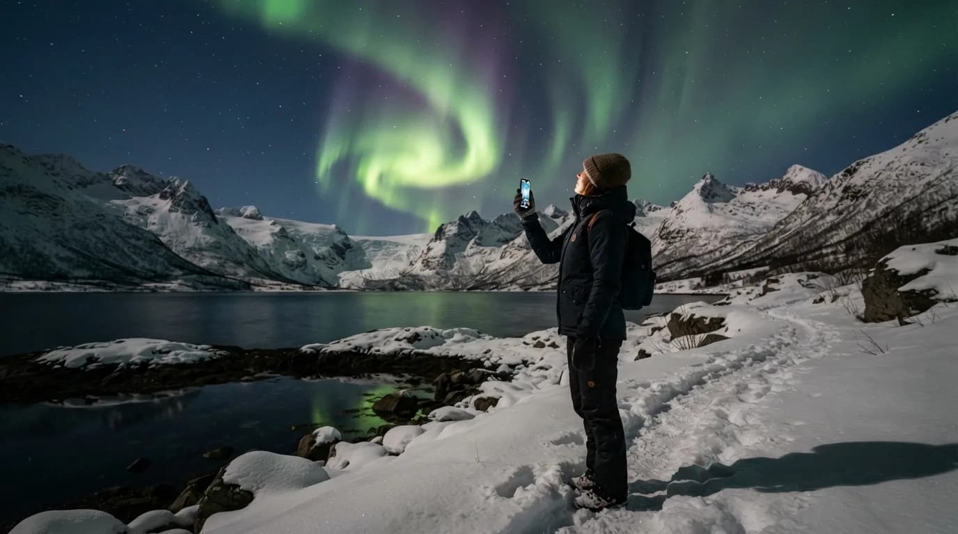 Eine Person betrachtet Nordlichter über einer verschneiten norwegischen Landschaft mit Bergen und einem Fjord, während sie ein Smartphone hält.