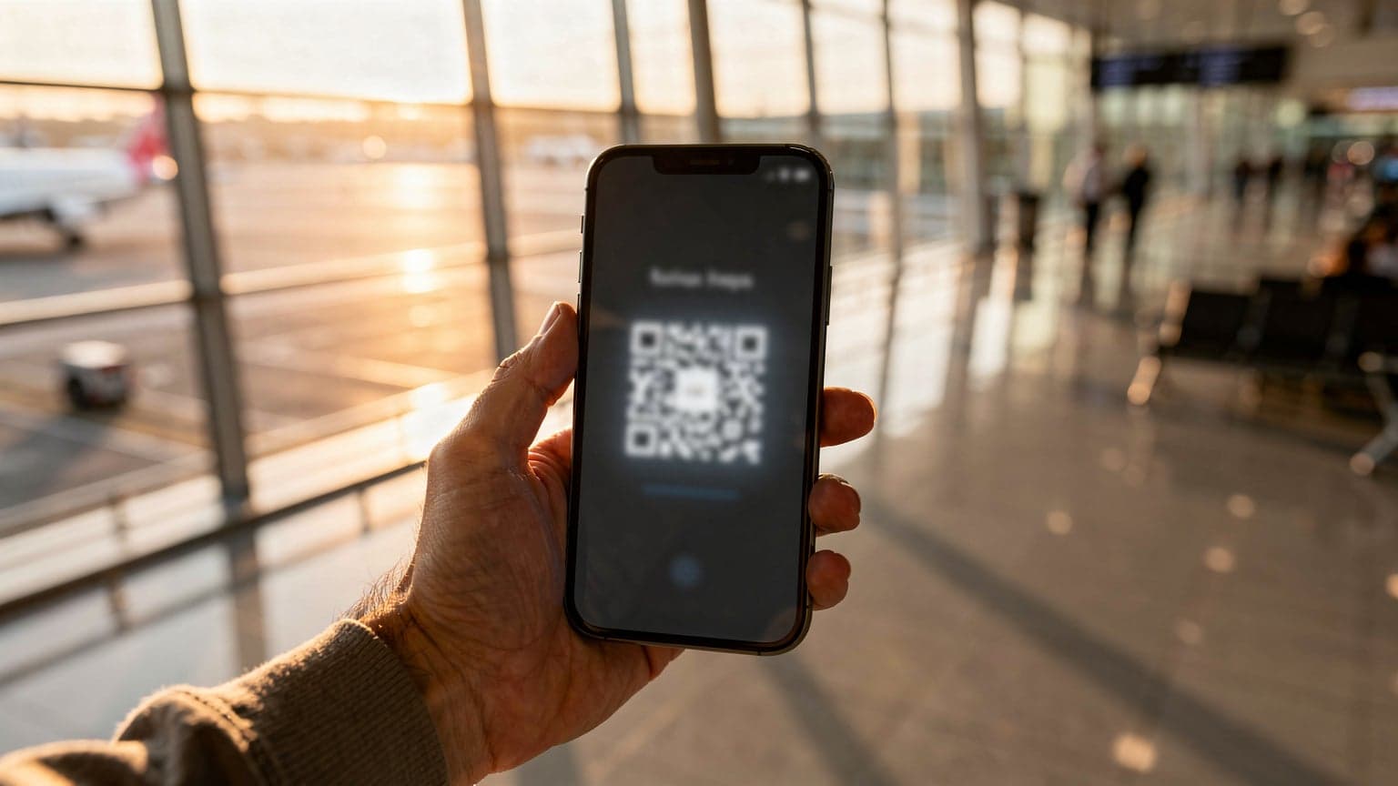 İstanbul havalimanında elinde iPhone 17 tutan ve ekranda eSIM kurulum barkodunu okutan bir gezgin.