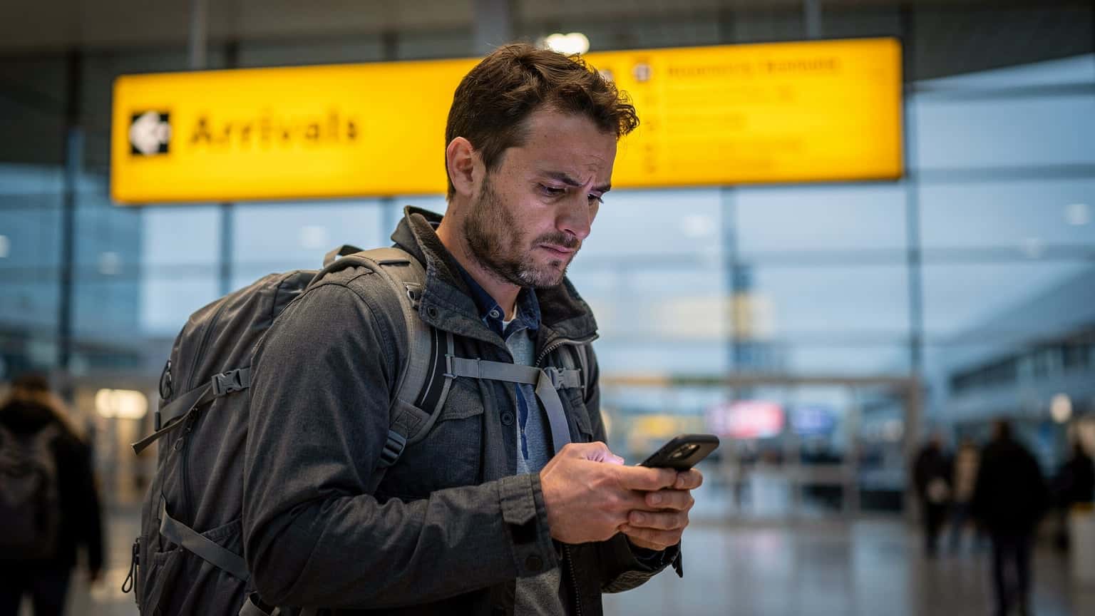 A weary traveler looking at their smartphone while standing near the yellow arrivals signs at London Heathrow Terminal 5.
