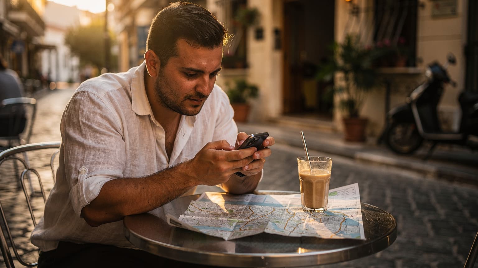 A weary digital nomad sitting at a cafe table in the Koukaki neighborhood of Athens checking ferry schedules on a smartphone while holding a coffee cup.