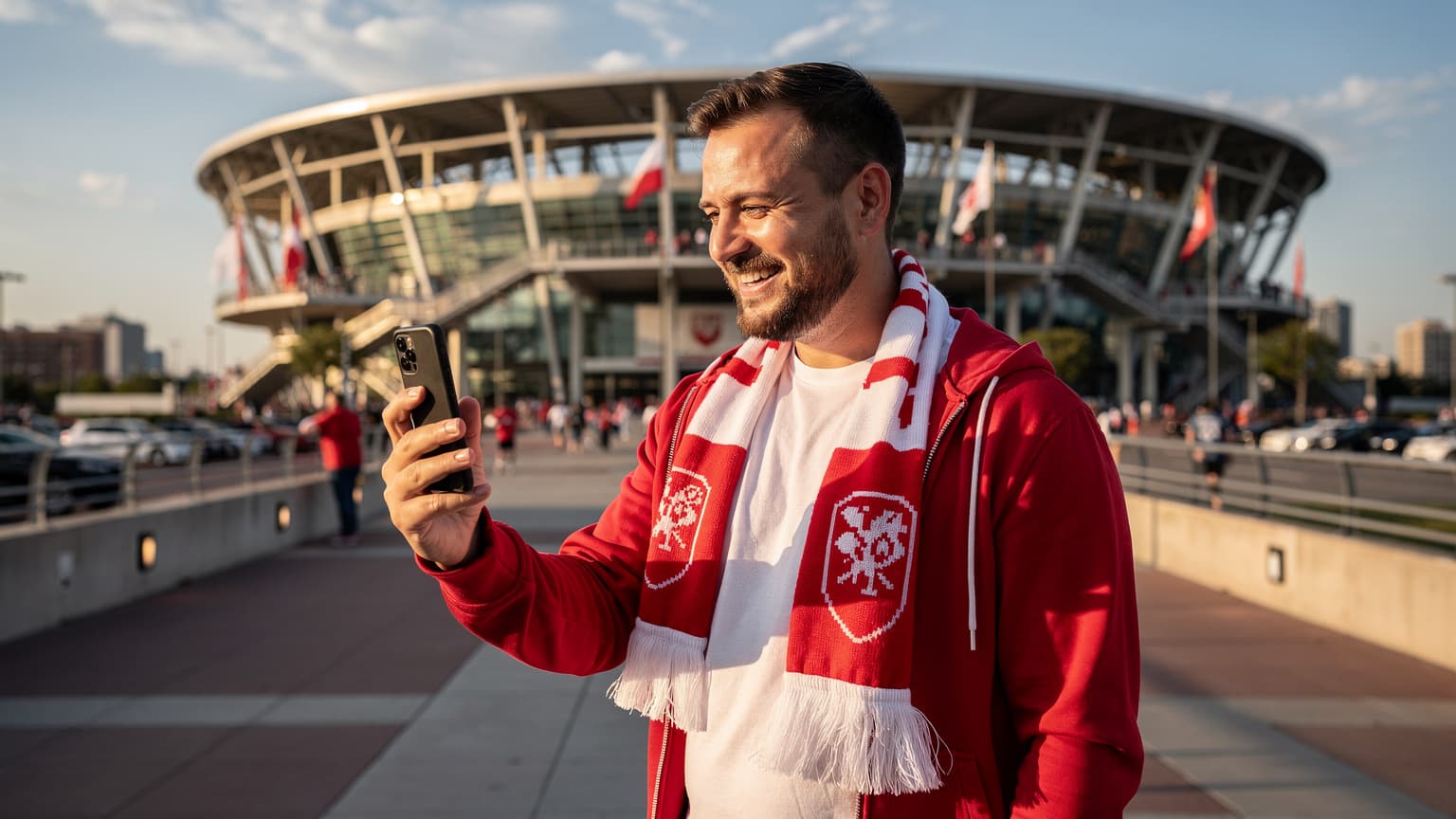 Polski kibic w szaliku biało-czerwonym z smartfonem w ręku, uśmiechnięty, w tle stadion piłkarski w Stanach Zjednoczonych podczas słonecznego popołudnia.