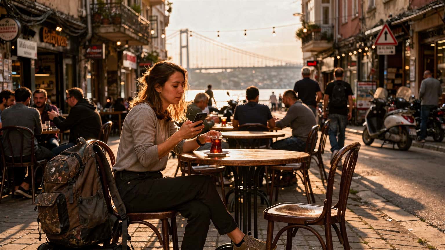 En kvinne med ryggsekk sitter på en travel gatekafé i Istanbuls Karaköy-distrikt, nipper til en tyrkisk te og holder en smarttelefon i hånden, med Bosporosbroen i bakgrunnen.