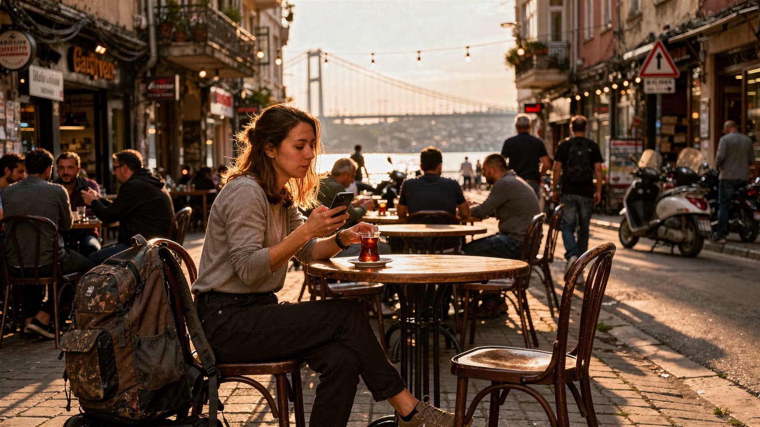 En kvinne med ryggsekk sitter på en travel gatekafé i Istanbuls Karaköy-distrikt, nipper til en tyrkisk te og holder en smarttelefon i hånden, med Bosporosbroen i bakgrunnen.