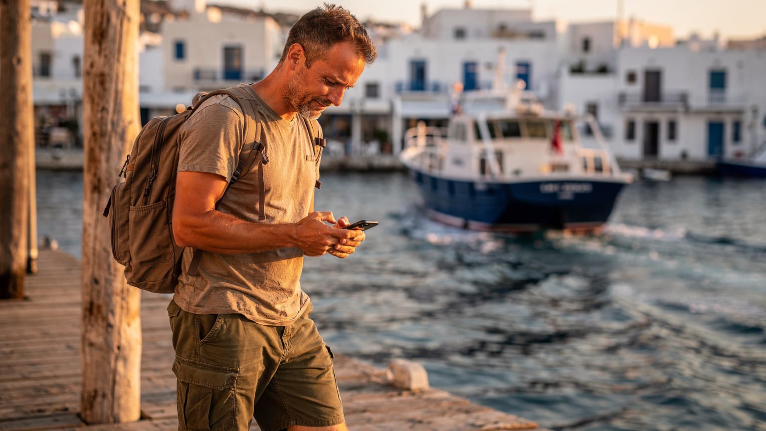 Ένας άντρας με σακίδιο πλάτης ελέγχει το iPhone 17 του στην προβλήτα, με ένα πλοίο να φεύγει στο βάθος, ενώ ο ήλιος δύει πάνω από το Αιγαίο.