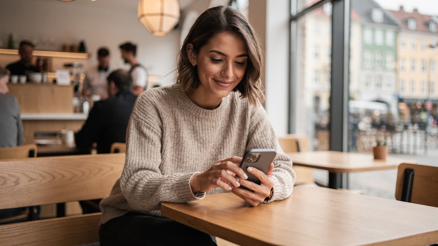 En ung digital nomade sidder med sin iPhone 17 på en travl cafe i Københavns Indre By, med et smil, mens hun hurtigt aktiverer et eSIM, og en kop kaffe og en bærbar computer er placeret foran hende på bordet.