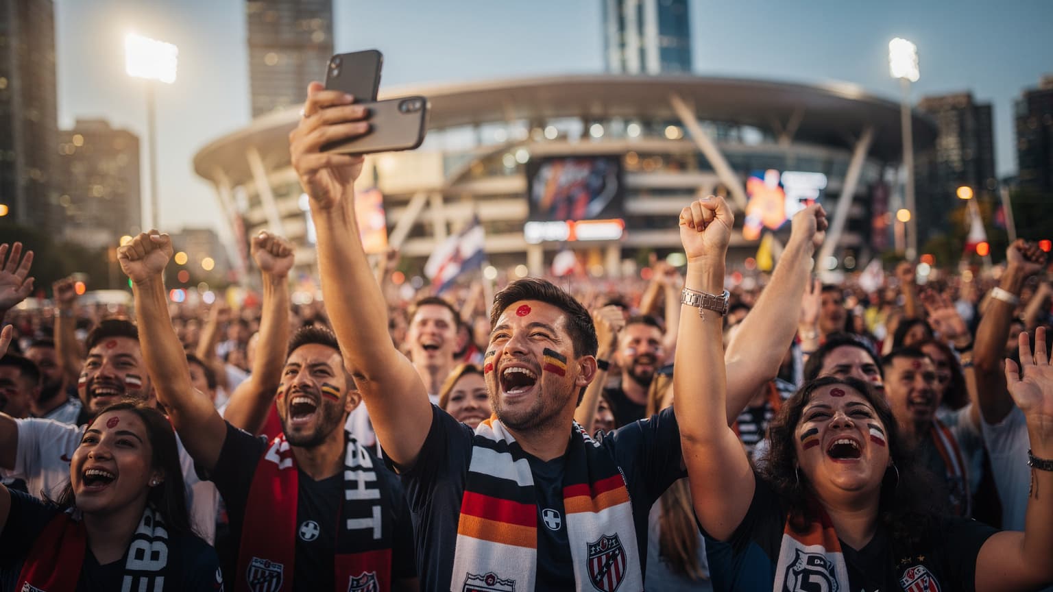 A group of football fans celebrating in front of a stadium, one holding a phone up to capture the moment, with a blurred cityscape in the background at twilight.