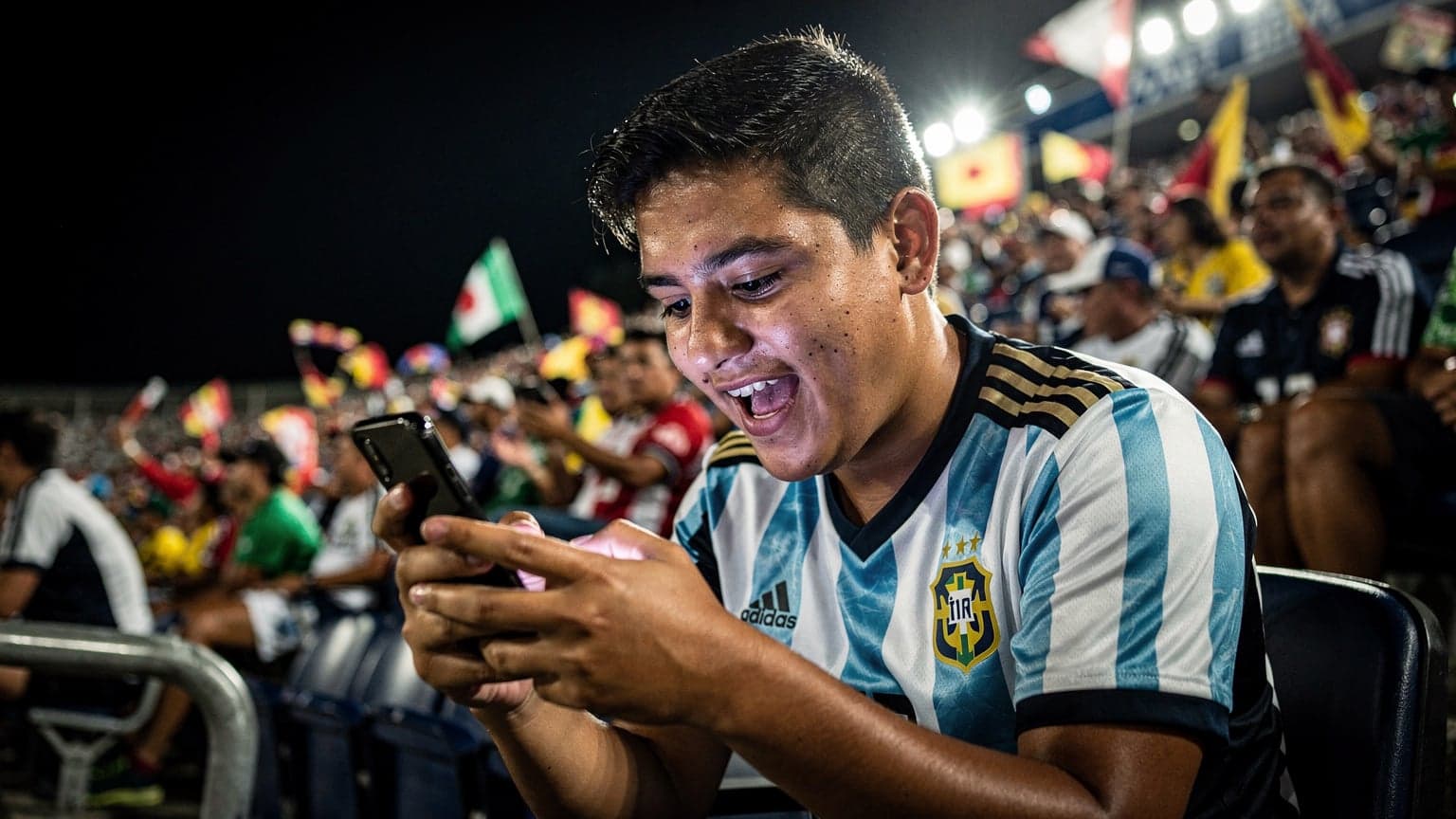 Un hincha de fútbol latinoamericano, vestido con la camiseta de su selección, consultando su teléfono móvil en un animado estadio de fútbol en Monterrey, México, bajo las luces de un partido nocturno.