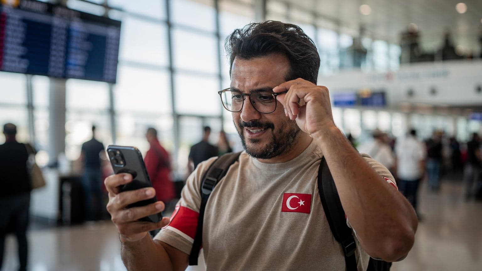 Bir Türk taraftarın, elindeki akıllı telefonundan 2026 Dünya Kupası maç programına bakarken, arka planda bir stadyum silüeti ve üç ülkenin bayrakları görünüyor.