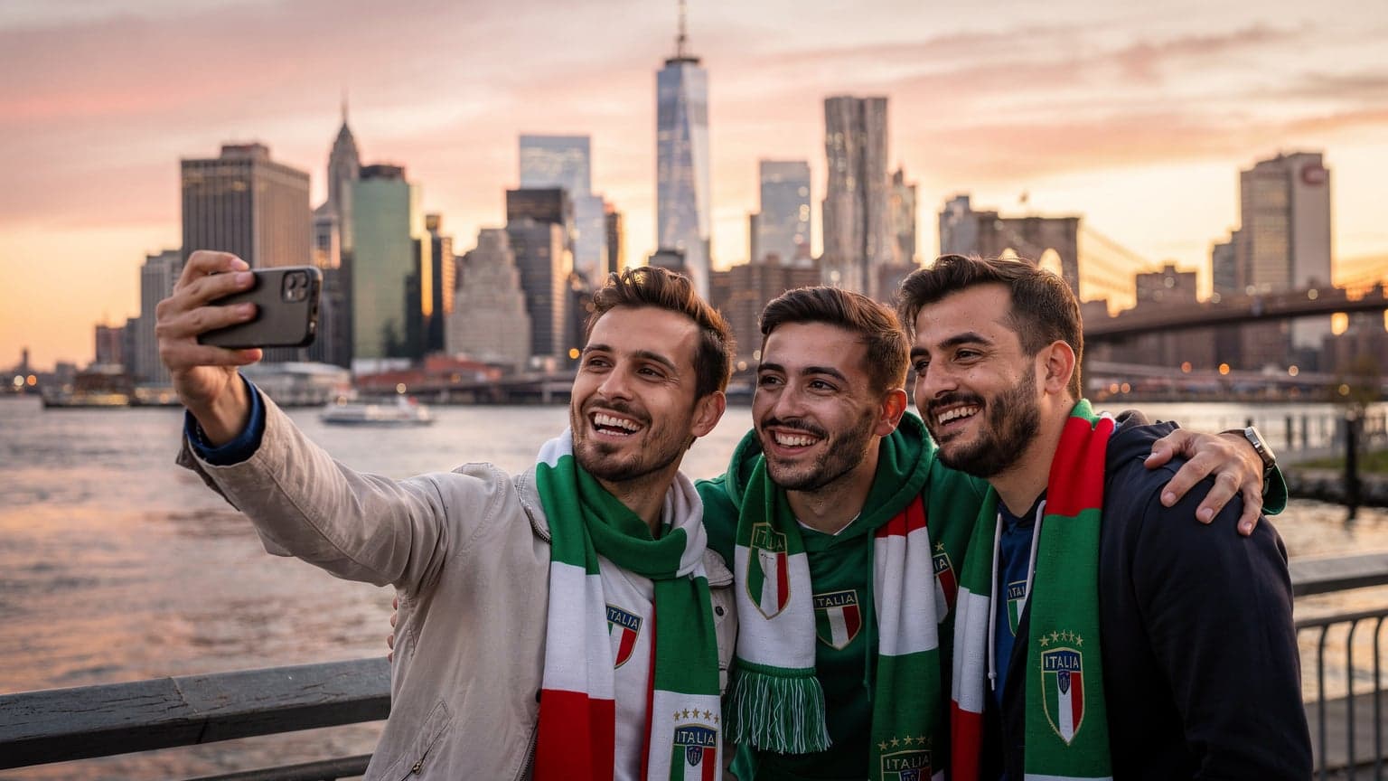 Un gruppo di tifosi italiani entusiasti, avvolti in sciarpe azzurre, scattano selfie davanti allo skyline di Manhattan illuminato al tramonto, con il loro smartphone che mostra un'eSIM attiva.