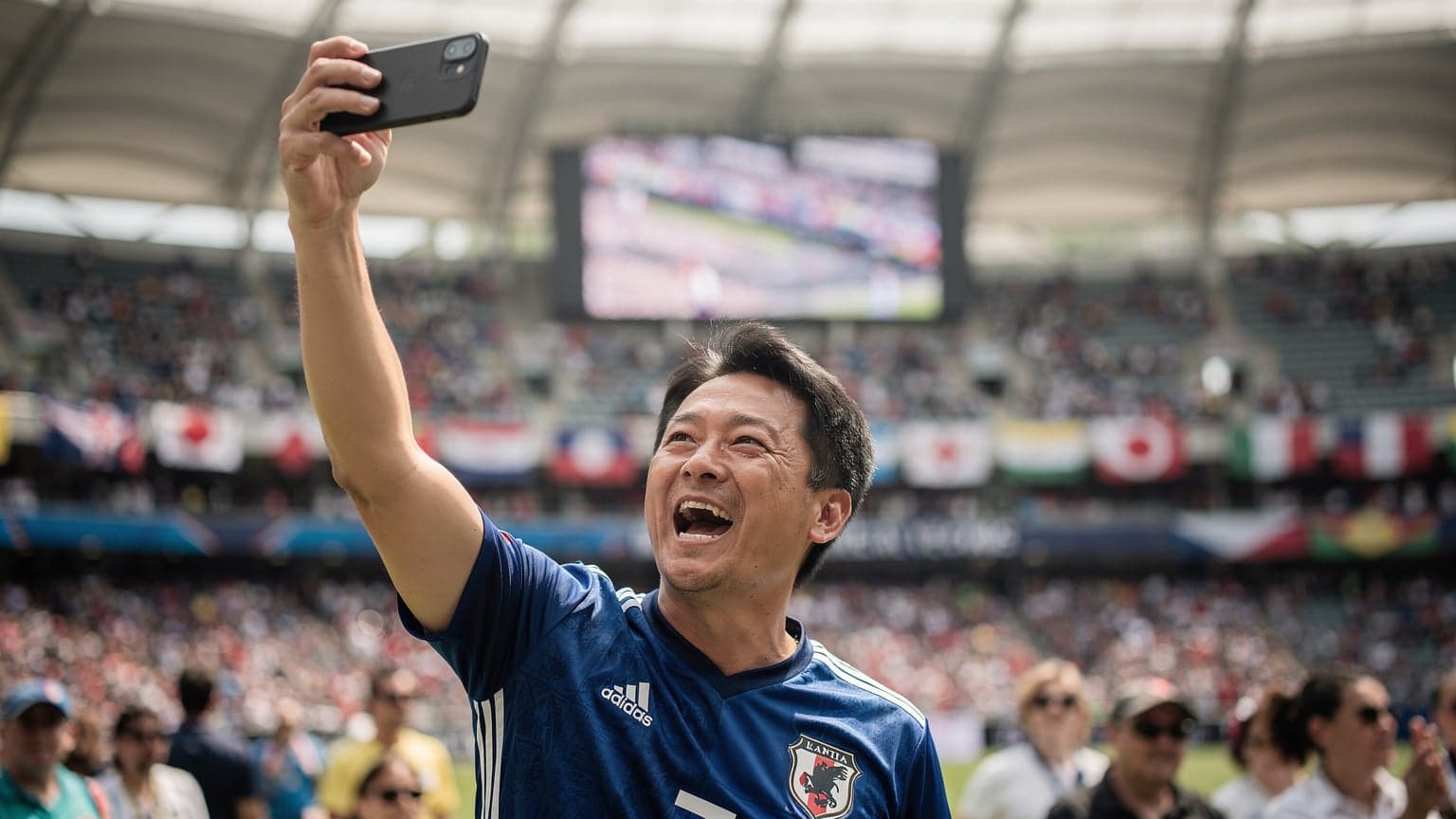 サッカーの試合を観戦する日本人サポーターが、スタジアムでスマートフォンを手に興奮している様子。背景にはアメリカ、カナダ、メキシコの国旗がデジタルで重ねて表示されている。