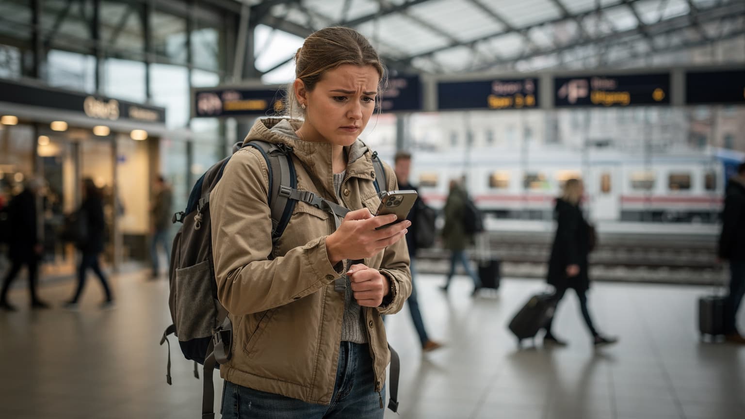 En reisende kvinne sjekker sin smarttelefon med et bekymret uttrykk mens hun står på en travel jernbanestasjon i Oslo under ettermiddagsrushet.