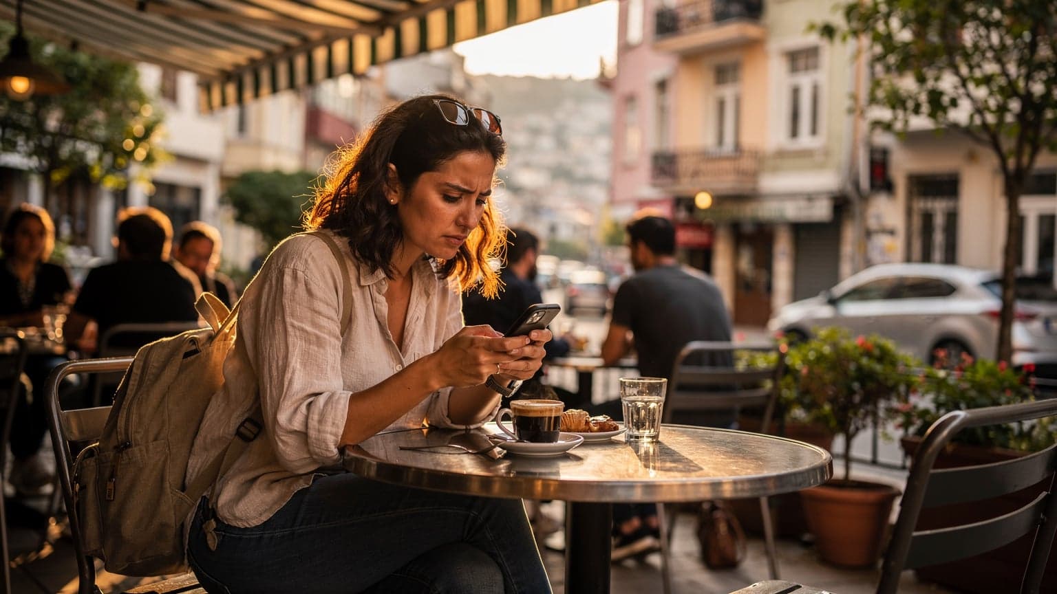 Una mujer con gafas de sol revisa su teléfono en una cafetería al aire libre en el barrio de Cihangir en Estambul, con una vista parcial del Bósforo al fondo.