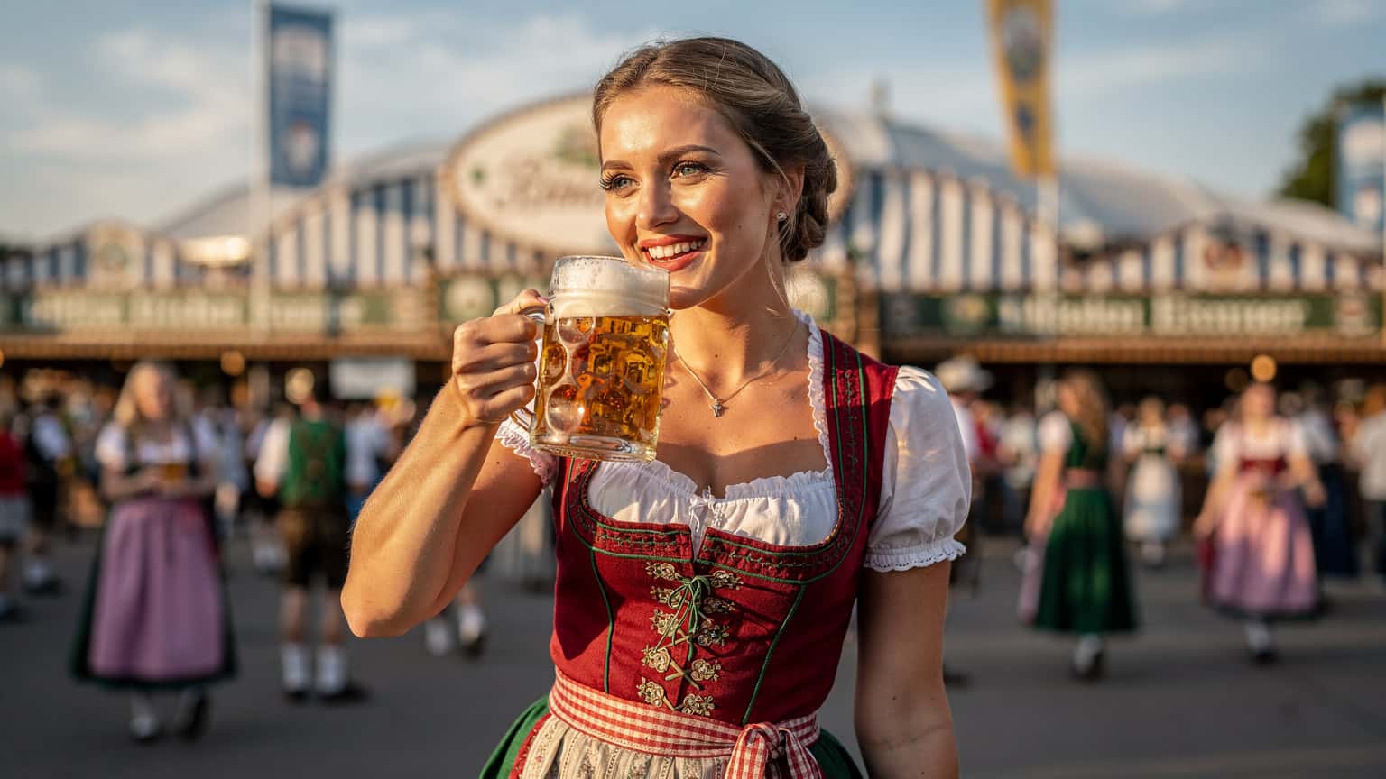 Een jonge vrouw in traditionele Beierse klederdracht, lachend en proostend met een Maß bier op het Oktoberfest, met de iconische tenten op de achtergrond en veel mensen om haar heen, onder een zonnige najaarslucht.