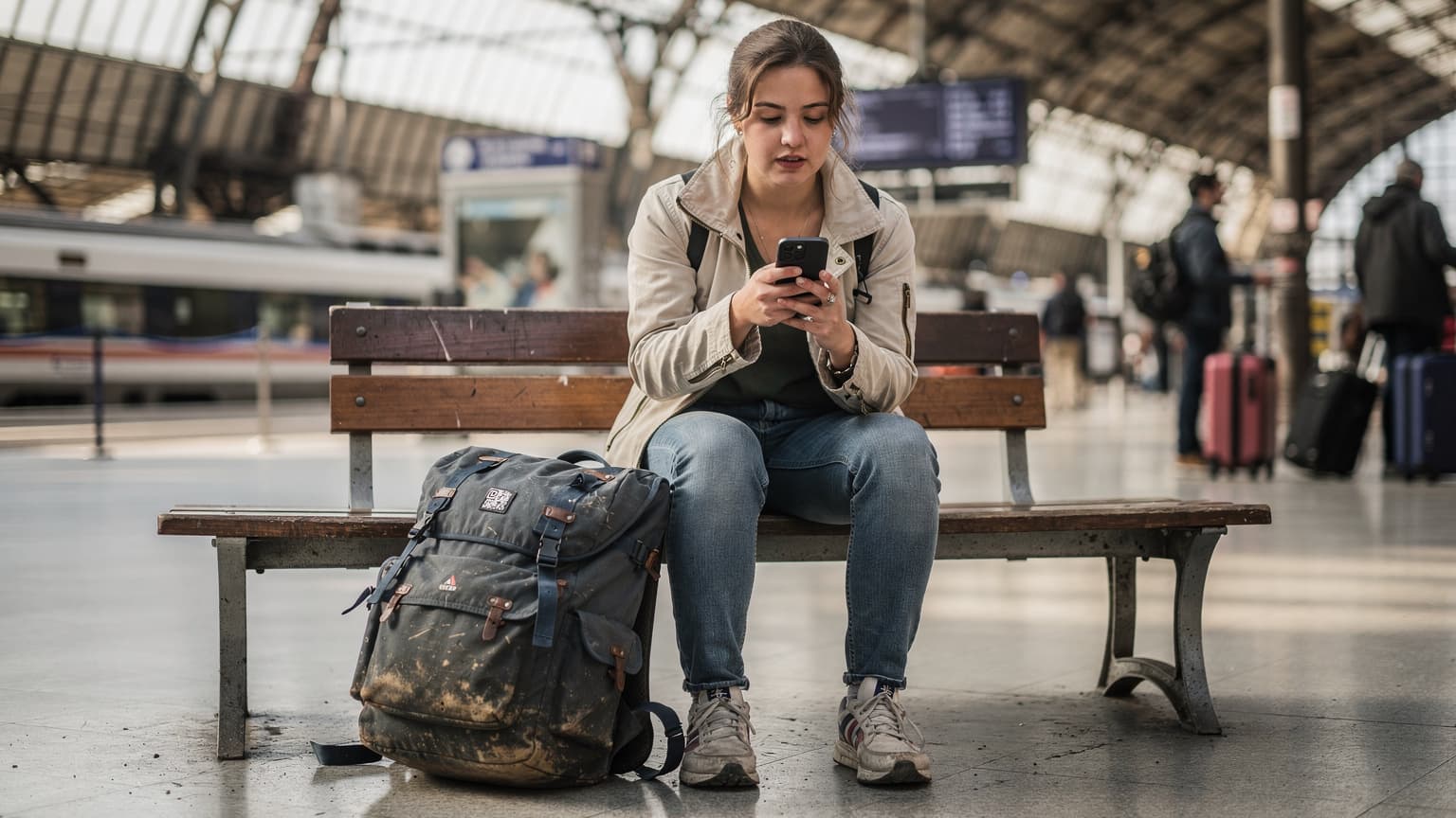 Une jeune femme, l'air concentré, tient son smartphone avec une carte eSIM affichée à l'écran, assise sur un banc dans la gare du Nord à Paris, un sac à dos de voyage à ses pieds.
