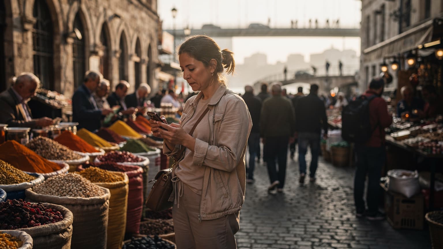 A woman confidently navigating a bustling street market in İstanbul's Eminönü district, glancing at her phone for directions while a historical mosque stands in the background.