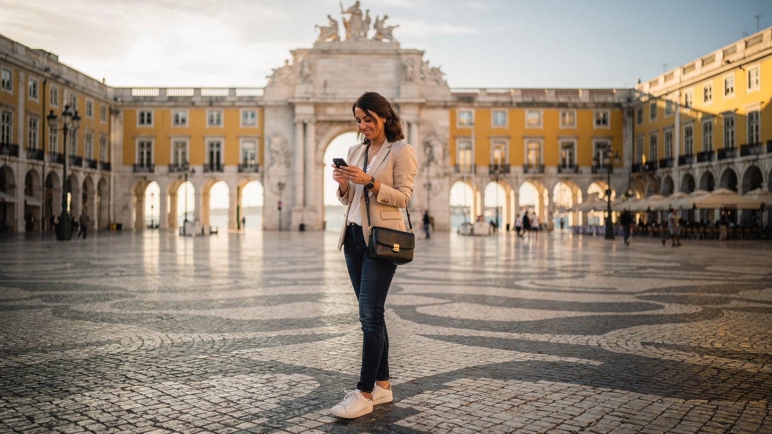 Uma mulher portuguesa, na casa dos 30 anos, com um smartphone na mão, olhando para o mapa de Lisboa na Praça do Comércio ao pôr do sol, com o arco da Rua Augusta e o estuário do Tejo ao fundo, parecendo satisfeita com a conectividade.