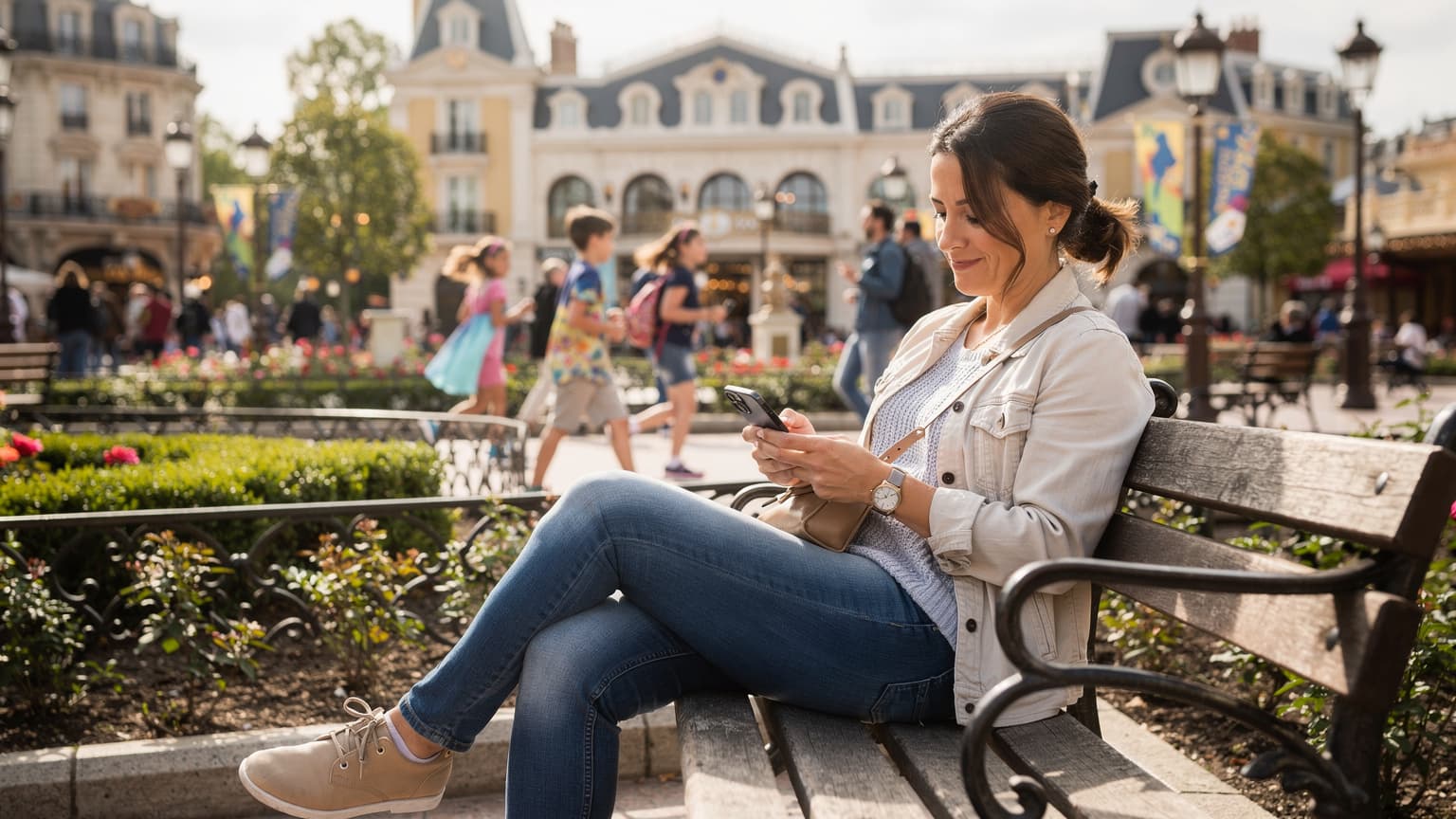 Una mamma italiana, seduta su una panchina in un parco a tema a Parigi, controlla il suo smartphone mentre i suoi due figli di 8 e 10 anni giocano nelle vicinanze, con un sorriso stanco ma soddisfatto.