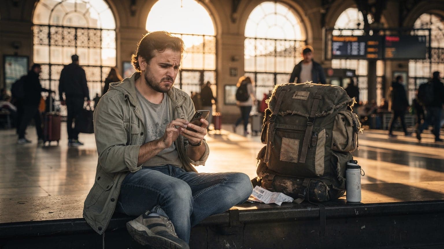 Un viajero joven, con una mochila desgastada, mira con frustración su teléfono en la pantalla de instalación de eSIM, sentado en un banco de una estación de tren con carteles en turco de fondo, al atardecer.