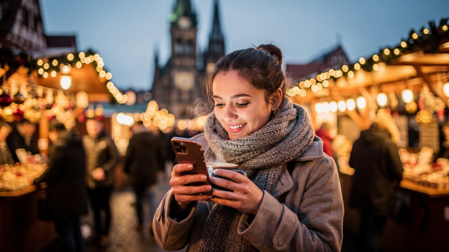 Een persoon genietend van glühwein op een sfeervolle kerstmarkt in Neurenberg, met de hand een telefoon vasthoudend die een eSIM-profiel toont.