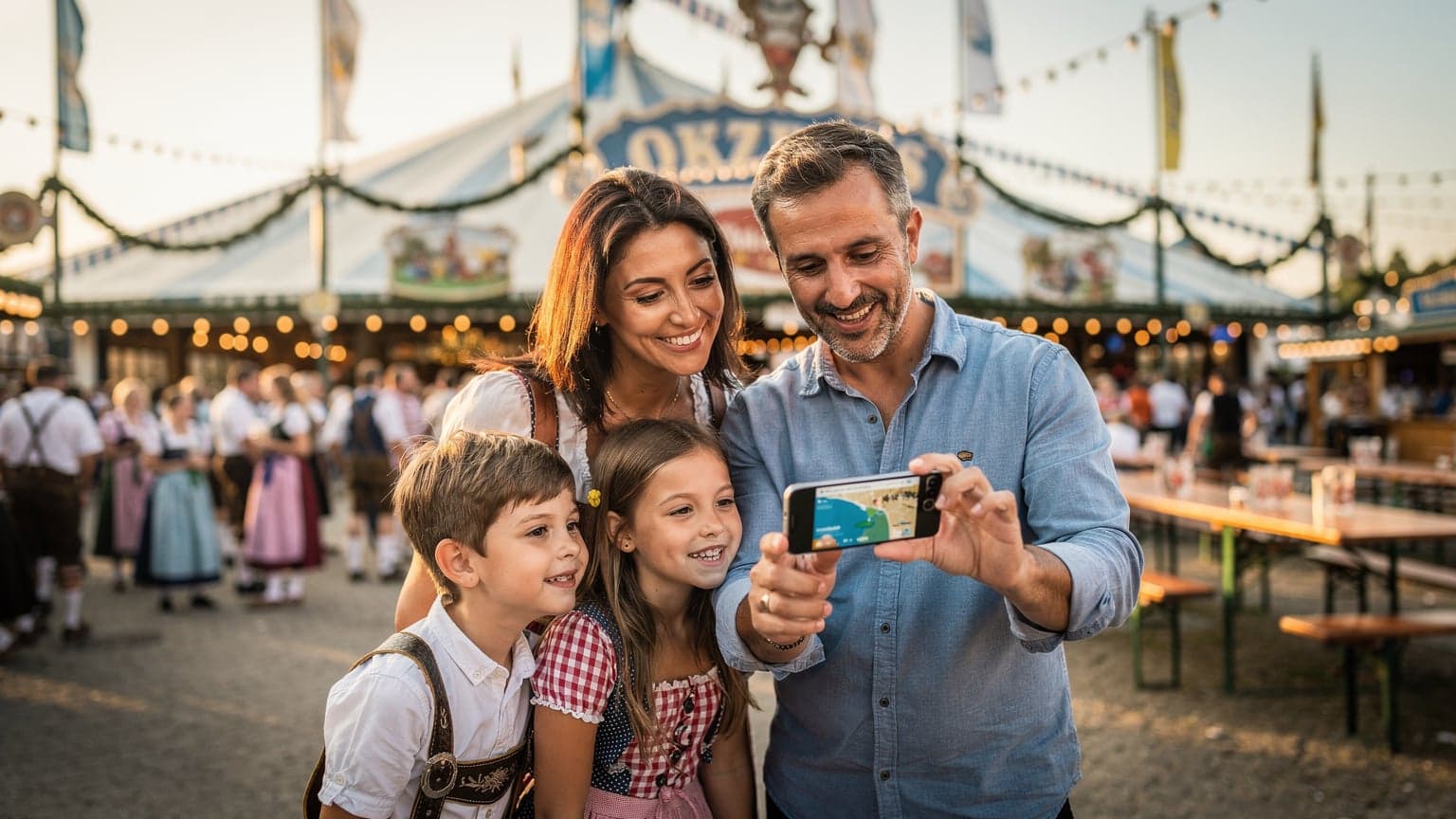 Una famiglia italiana, genitori e due bambini, sorride mentre consulta un telefono con una eSIM attiva, sullo sfondo un tendone dell'Oktoberfest a Monaco di Baviera.