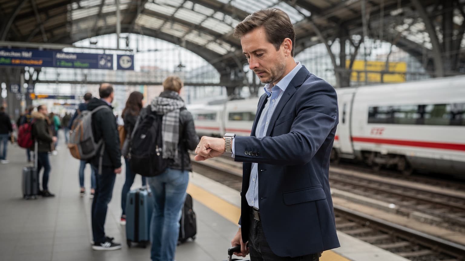 Eine Person betrachtet ihre Apple Watch auf dem Bahnsteig des Münchner Hauptbahnhofs, während ein ICE im Hintergrund einfährt, was die Nutzung der Smartwatch während einer Reise symbolisiert.