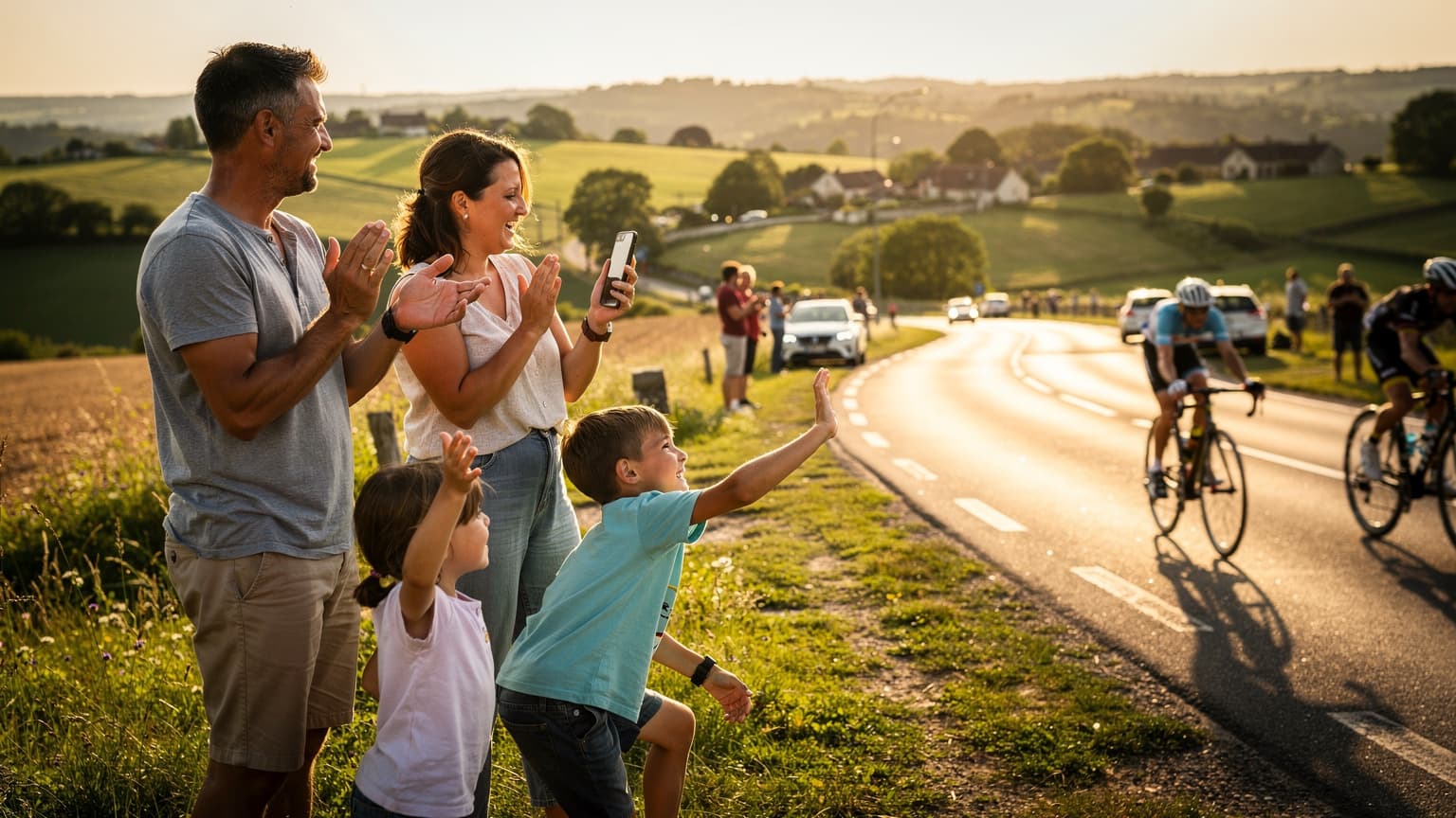 A family, including two children, standing along a scenic rural road in France, eagerly watching a cycling race, with a mother holding a smartphone displaying a live race tracker.
