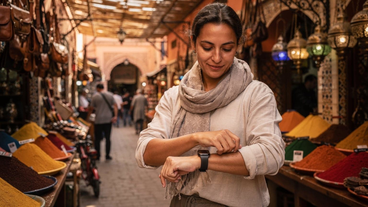 Une personne consultant son Apple Watch cellulaire tout en traversant un marché animé de Marrakech, avec des épices colorées et des lanternes en arrière-plan sous le soleil du matin.