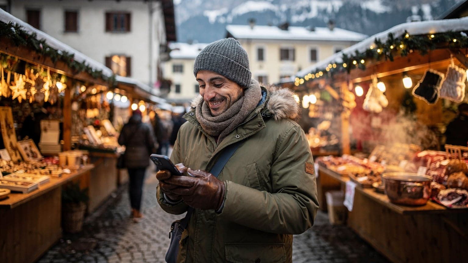 Un viaggiatore sorride mentre si trova in un affollato mercatino di Natale in Trentino, con luci calde e bancarelle artigianali sullo sfondo, mentre controlla le indicazioni sul suo telefono.