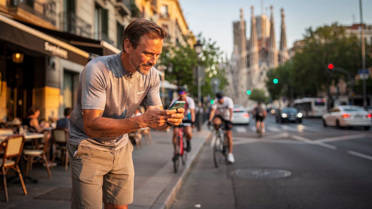 Ein Radsport-Fan in Barcelona, der auf seinem Smartphone eine Live-Tracking-App für die Tour de France 2026 verfolgt, mit der Sagrada Família im Hintergrund.