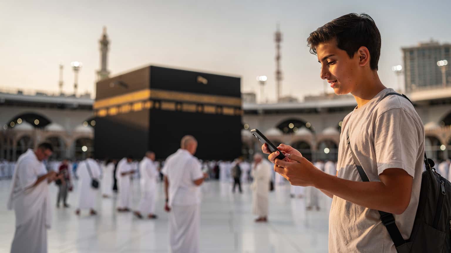 Un pèlerin francophone vérifiant son téléphone avec une eSIM activée devant la Kaaba à la Mecque, pendant le Hajj 2026.