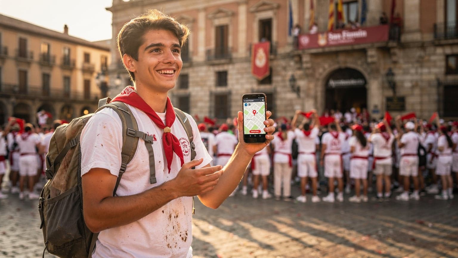 Una persona joven sonríe y sostiene un teléfono, con la plaza del Ayuntamiento de Pamplona de fondo, abarrotada de gente celebrando San Fermín, con el sol de la mañana iluminando la escena festiva.