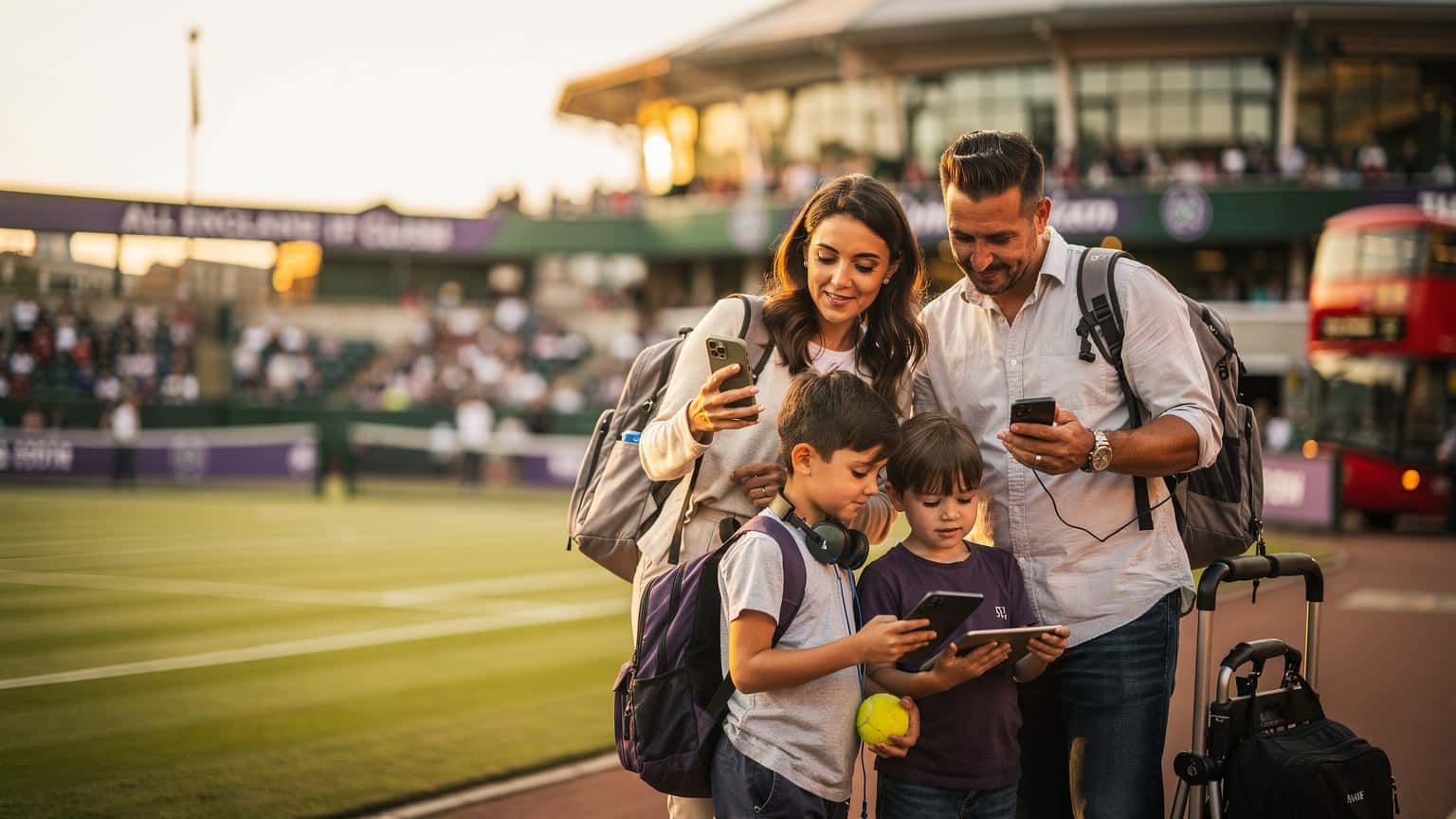 A family, including two children, standing outside the gates of the All England Lawn Tennis Club in Wimbledon, London, holding their phones and looking excited.