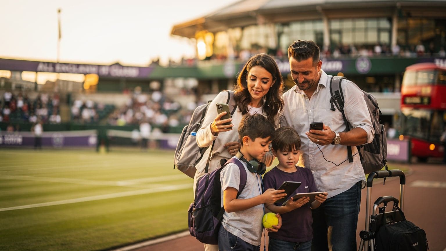 A family, including two children, standing outside the gates of the All England Lawn Tennis Club in Wimbledon, London, holding their phones and looking excited.