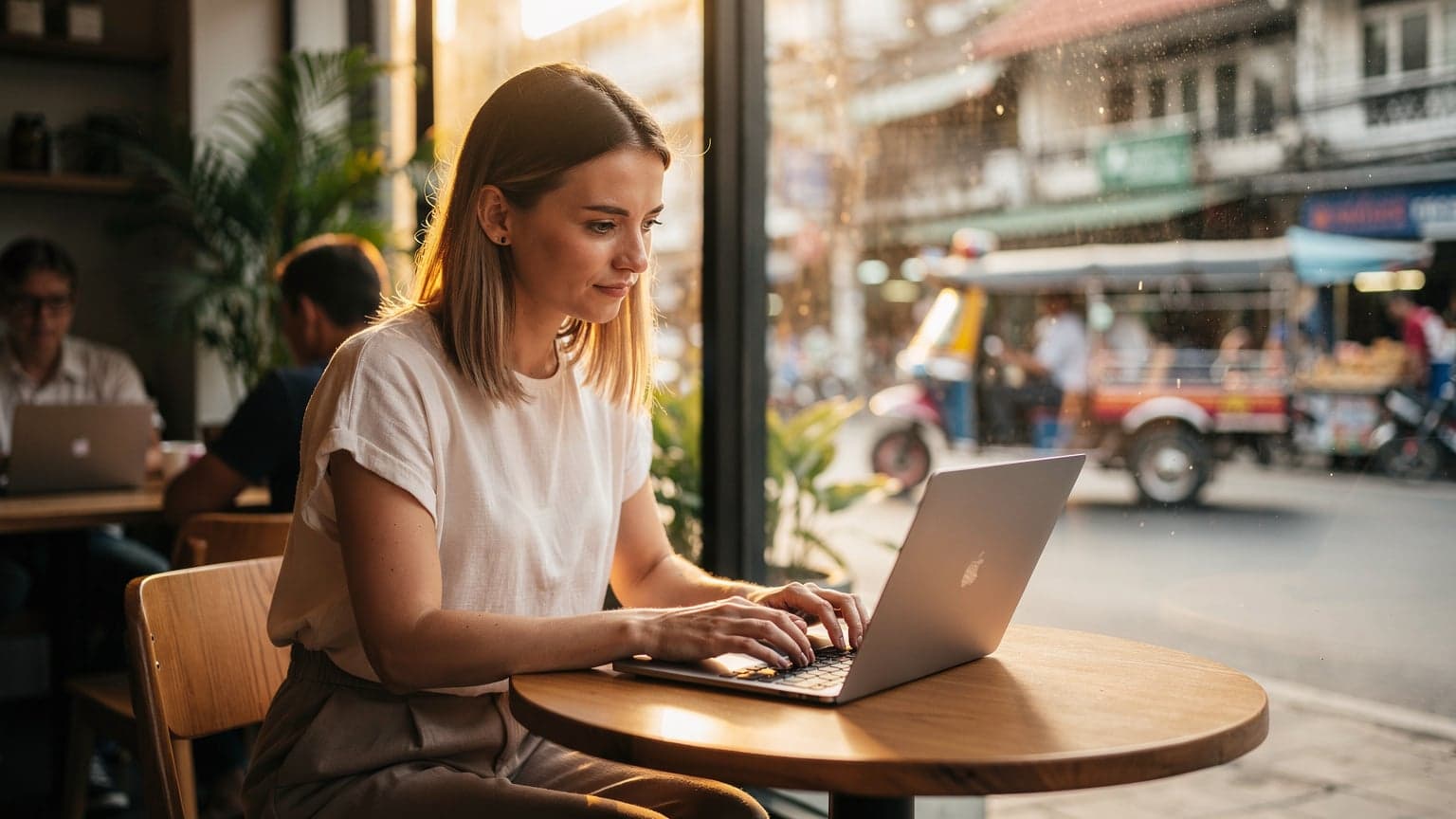 Kobieta pracująca na laptopie w kawiarni z widokiem na tętniącą życiem ulicę Bangkoku, z wyraźnymi neonowymi światłami odbijającymi się w kałuży po deszczu.