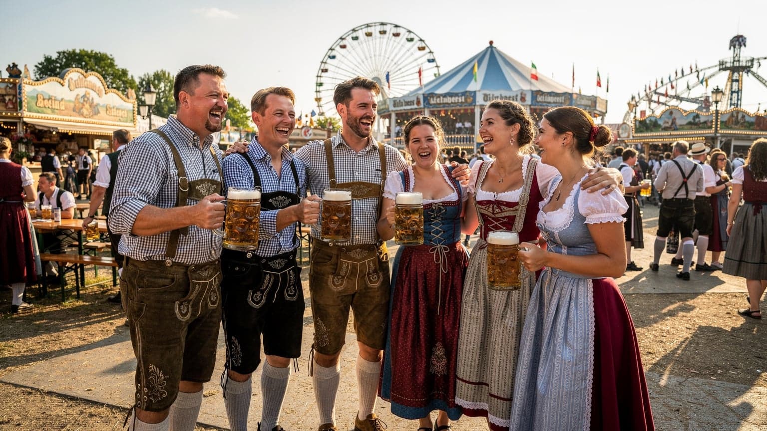 Un groupe d'amis souriants en tenue traditionnelle bavaroise, levant leurs chopes de bière sur la Theresienwiese à Munich, avec le ciel bleu et les tentes de l'Oktoberfest en arrière-plan.