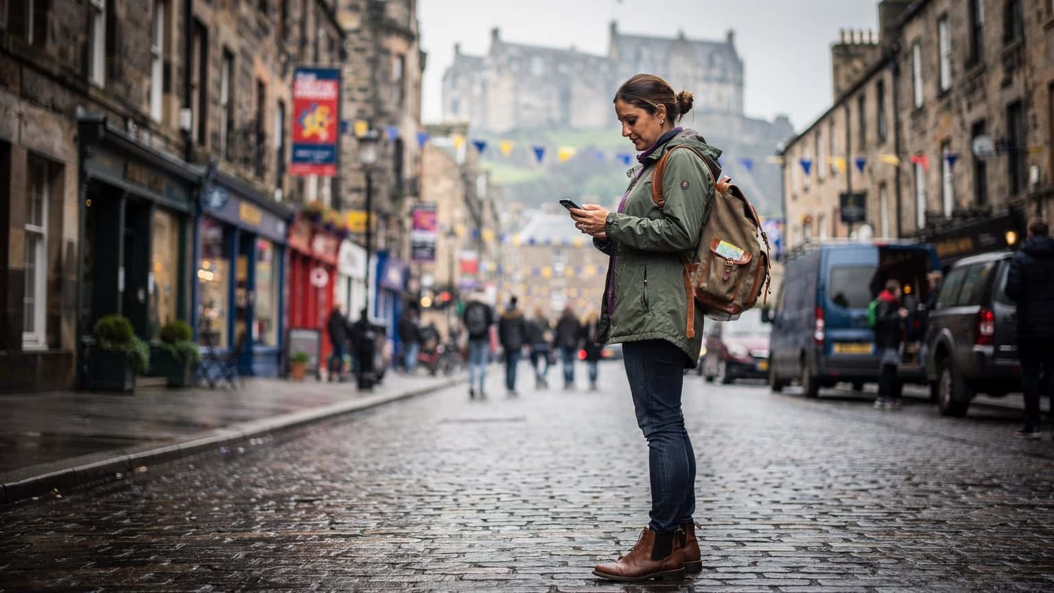 A person holding a smartphone, looking at a digital map of Edinburgh's Old Town with the iconic Edinburgh Castle in the background, surrounded by the lively atmosphere of the Fringe Festival.
