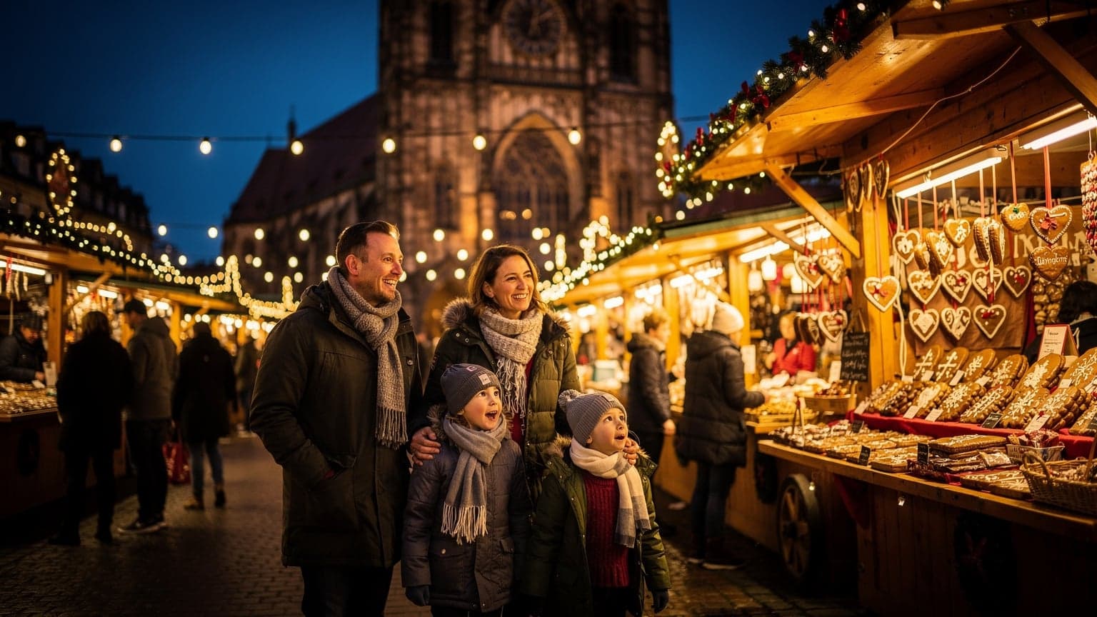 Eine Familie, bestehend aus Eltern und zwei Kindern, bummelt abends über den beleuchteten Nürnberger Christkindlesmarkt, im Hintergrund der typische Holzbuden und die Frauenkirche.