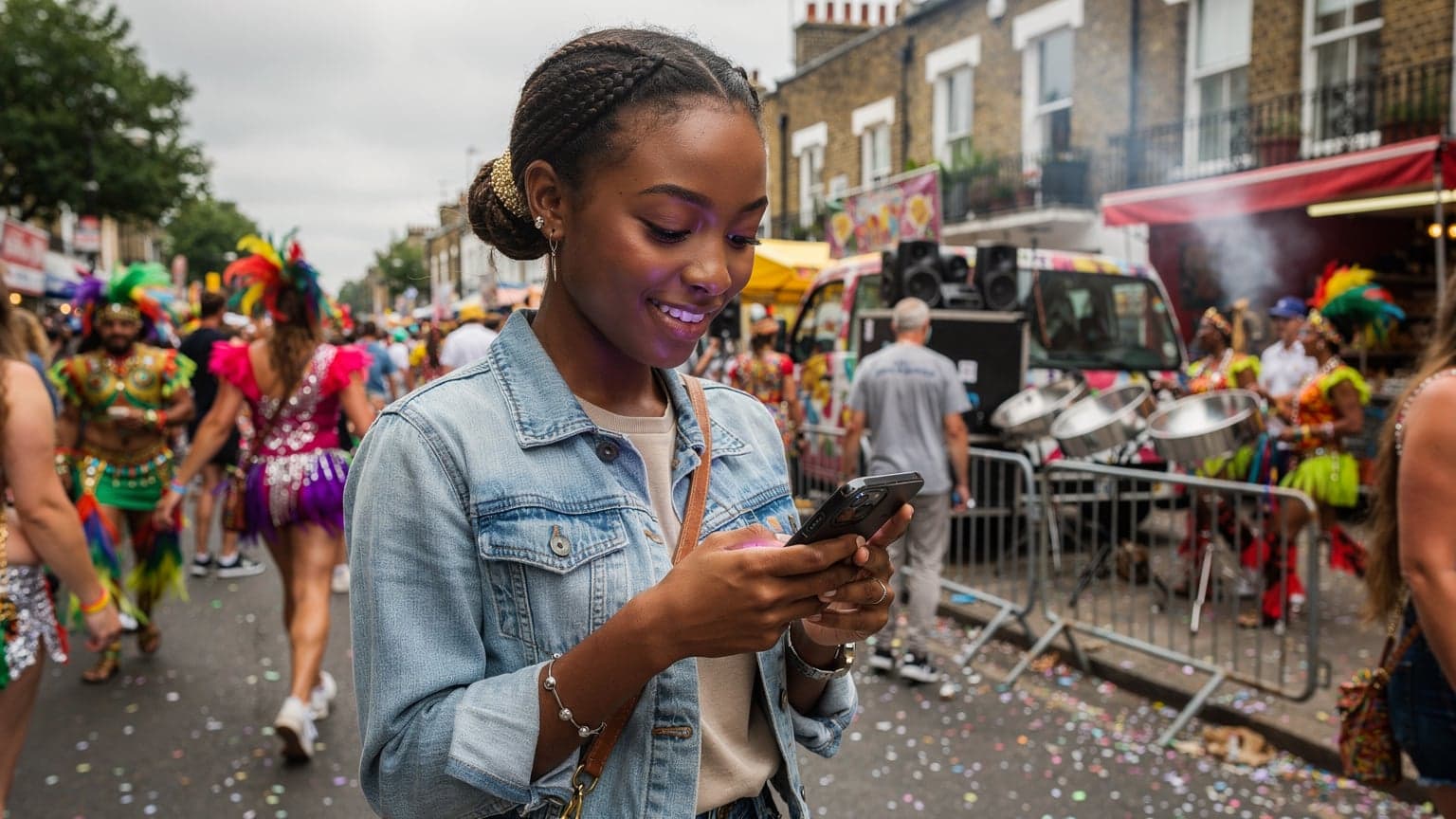 A person navigating the vibrant crowds of Notting Hill Carnival 2026, checking their phone for directions or messaging friends, with colourful floats and street performers in the background.