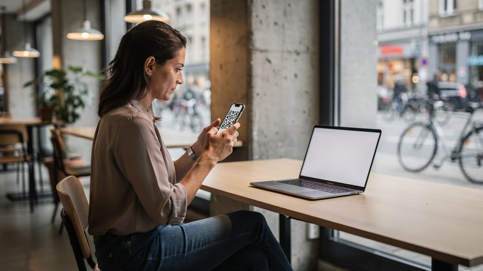 Eine Frau sitzt in einem Co-Working Space in Berlin-Mitte, ihr Laptop ist offen, während sie auf ihr Smartphone schaut, das eine eSIM-Aktivierungsseite anzeigt.