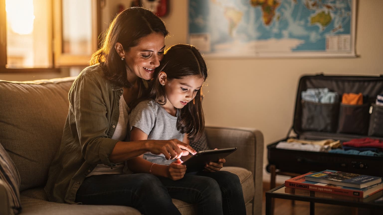 Una madre sonriendo mientras ayuda a su hija a instalar una eSIM en su tablet antes de un viaje internacional, con maletas y un mapa en segundo plano.