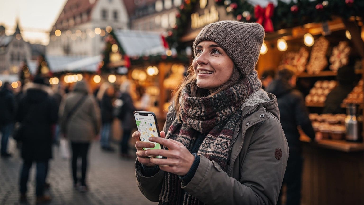 Młoda kobieta w ciepłej czapce i szaliku uśmiecha się, trzymając telefon z wyświetloną mapą jarmarku, otoczona rozświetlonymi straganami i ludźmi na świątecznym jarmarku w Norymberdze.