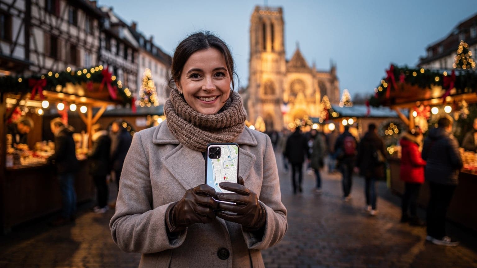 Une femme souriante, emmitouflée dans une écharpe, tient un smartphone affichant une carte sur un marché de Noël de Strasbourg, avec la Cathédrale Notre-Dame en arrière-plan sous un ciel crépusculaire et des lumières scintillantes.