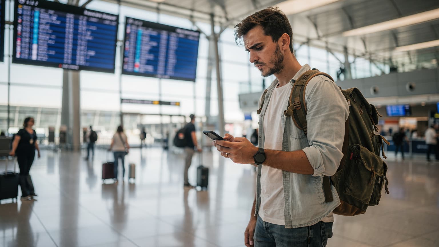 Un jeune voyageur français vérifiant son téléphone avec une expression pensive dans le hall animé de l'aéroport de Roissy-Charles de Gaulle, avec des panneaux d'affichage de vols en arrière-plan.