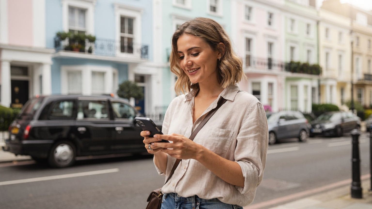 Młoda kobieta z uśmiechem przegląda mapę Londynu na telefonie, stojąc na tle historycznego budynku w dzielnicy Notting Hill, z klasyczną brytyjską taksówką przejeżdżającą w tle.