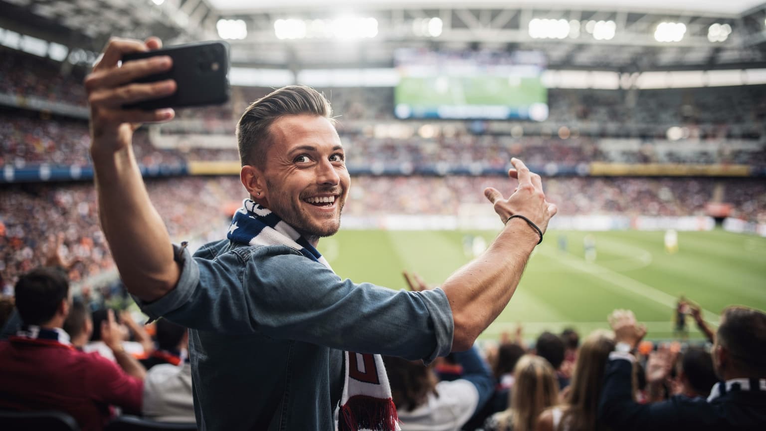 Seorang penggemar sepak bola tersenyum sambil memegang ponselnya di tengah keramaian stadion modern di Amerika Utara, dengan lapangan hijau dan layar besar terlihat samar di latar belakang.