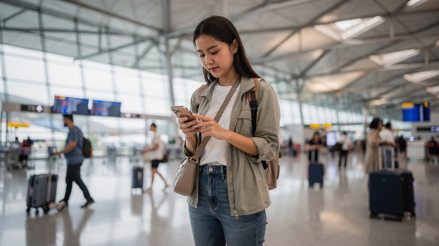 Seorang wanita muda Asia sedang memeriksa ponselnya di area keberangkatan yang ramai di Bandara Changi Singapura, dengan tas ransel di sampingnya dan papan penunjuk arah yang jelas terlihat di latar belakang.