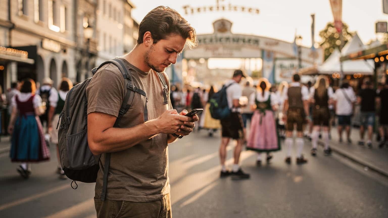A young man with a backpack checking his phone for directions on a bustling street near the Theresienwiese during Oktoberfest, surrounded by people in traditional Bavarian attire.