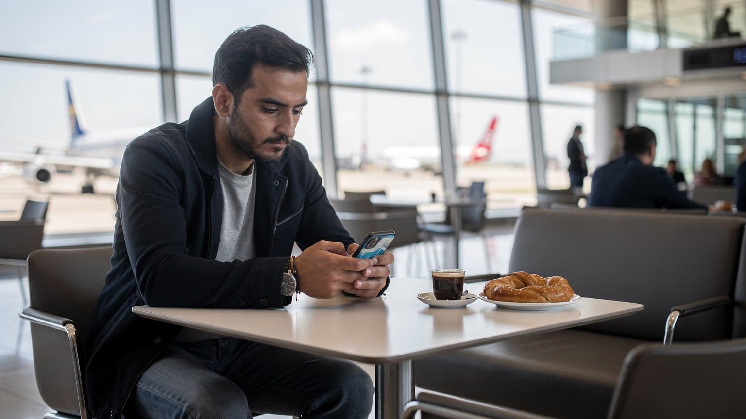 İstanbul Havalimanı dış hatlar terminalinde, bir Türk yolcu telefonundaki eSIM uygulamasını incelerken, uçağını bekleyen diğer yolcuların yoğunluğu arka planda bulanık bir şekilde görülüyor.