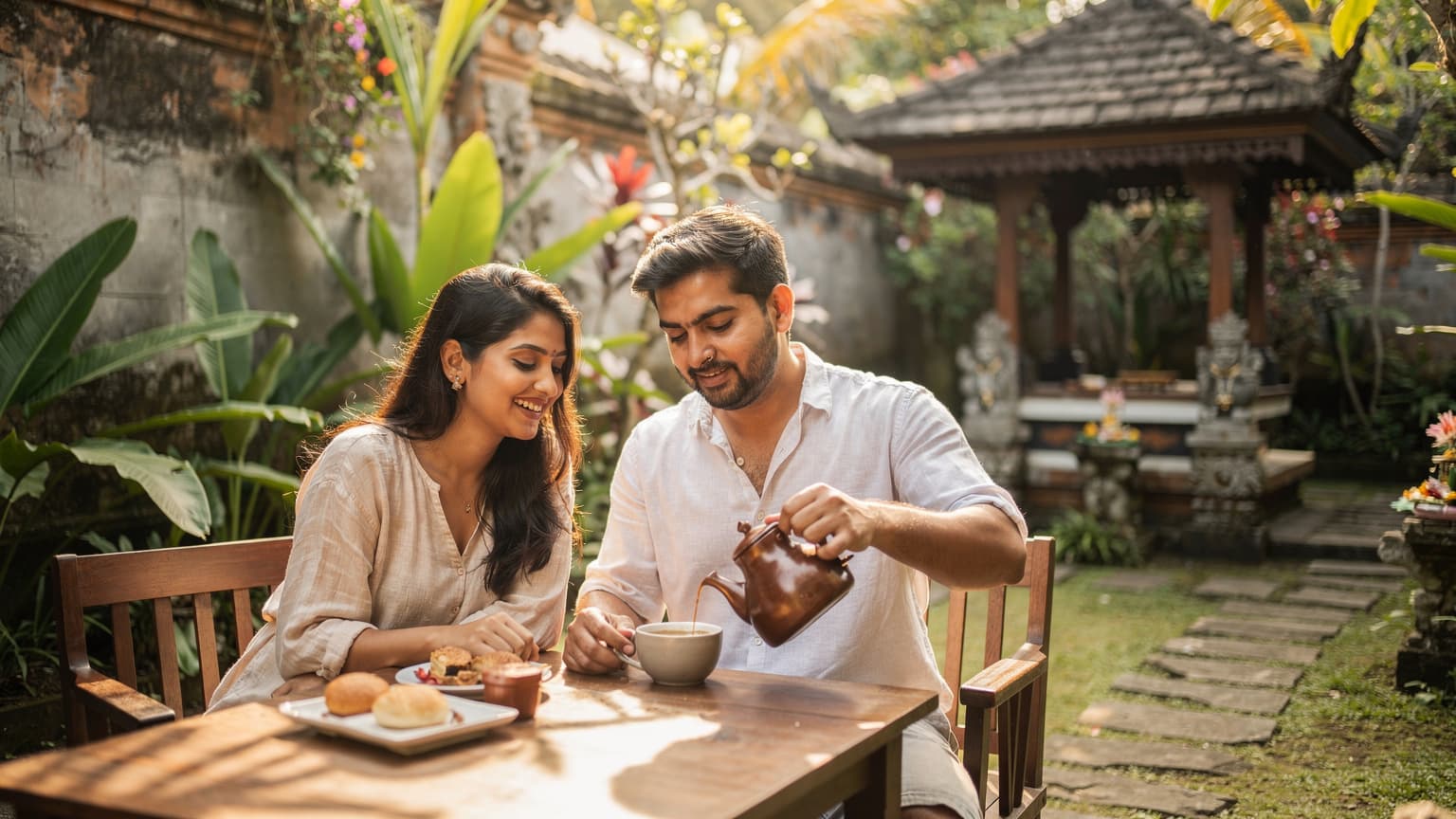 बाली के उबुद में एक भारतीय कपल पारंपरिक बालिनीज़ घर के आंगन में बैठकर नाश्ता कर रहा है, जहाँ हरे-भरे पौधे और लकड़ी की नक्काशीदार सजावट दिख रही है।