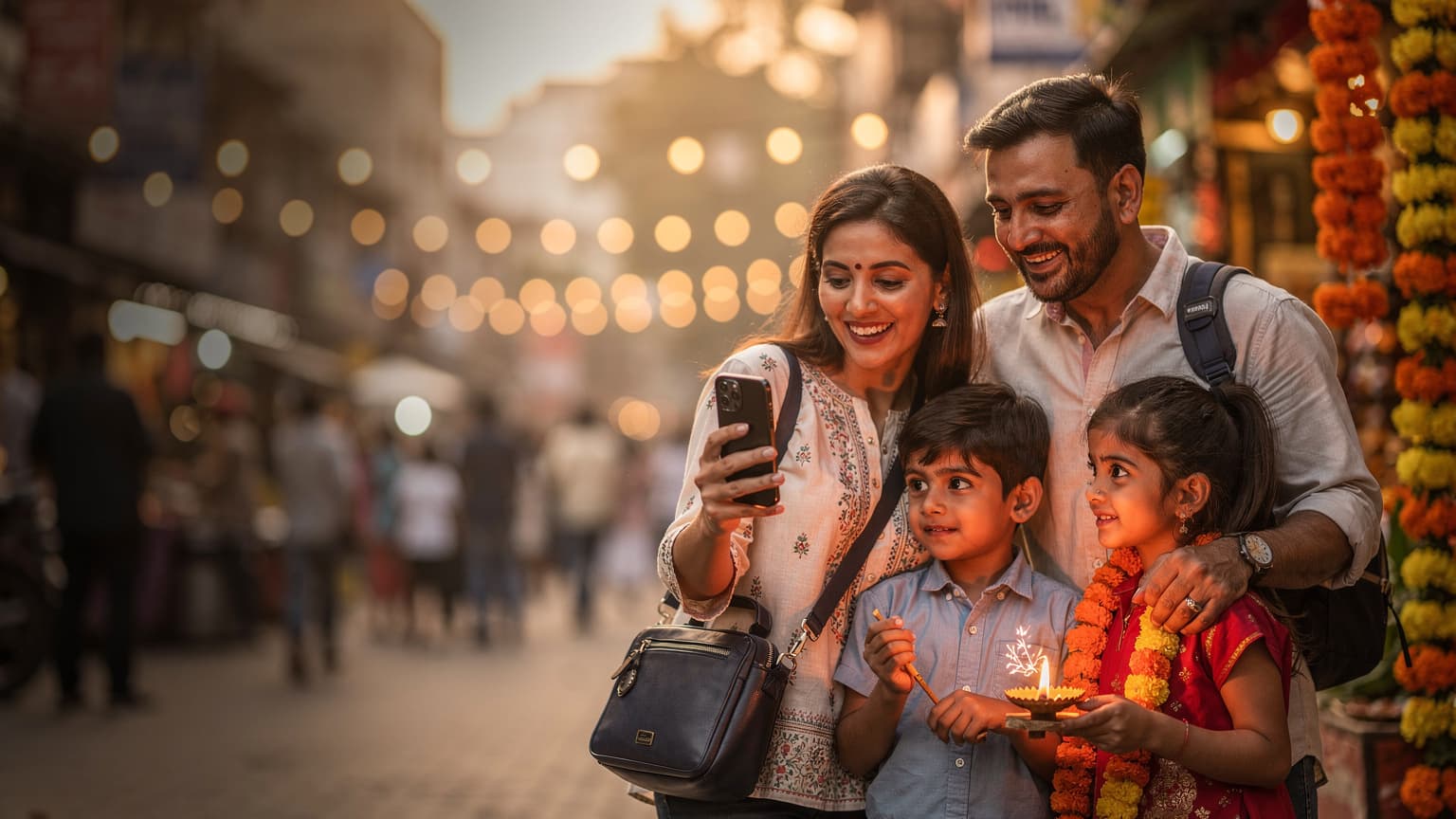 A multi-generational Indian family arriving at a bustling New Delhi airport terminal, with parents managing luggage and two children looking excited, one holding a tablet.